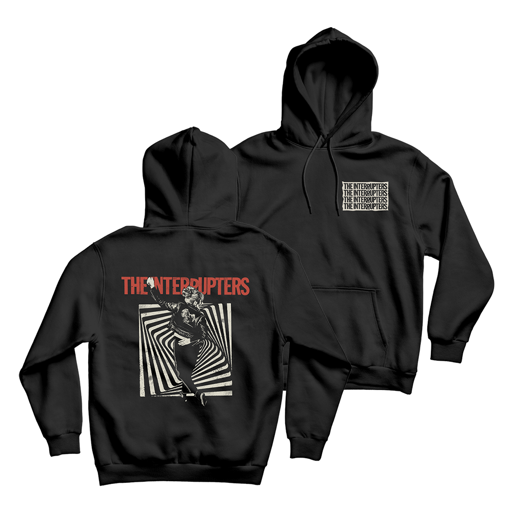 The Interrupters Official Merchandise. 100% black cotton pullover hoodie with a red The Interrupters Logo and Aimee Interrupter standing in front of a spiral square.