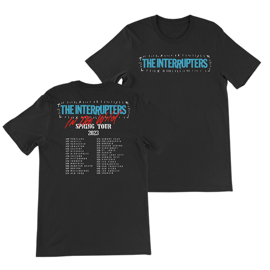 The Interrupters Official Merchandise. 100% black cotton t-shirt with the 2023 Spring Tour dates on the back and The Interrupters blue logo with with punk looking printed stitching.