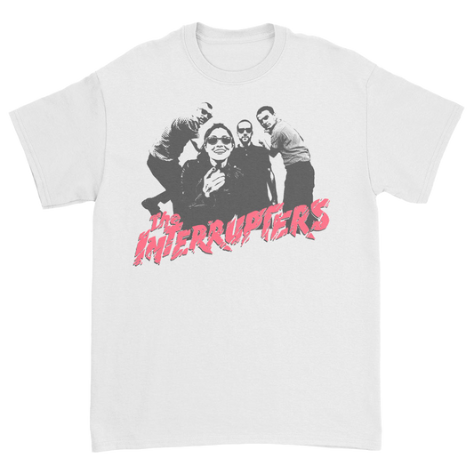 The Interrupters Official Merchandise. 100% white cotton t-shirt with a black and white photo of the band and a red The Interrupters logo printed on the front.